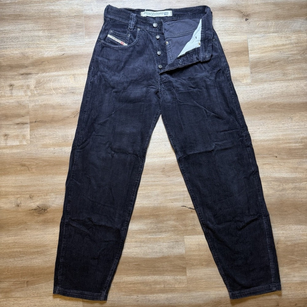 Vintage Diesel Saddle Corduroy Pants Men 30x31 Black Loose Tapered Italy 350 Y2K